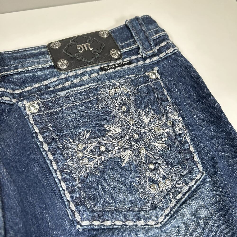Miss Me Jeans Womens 31x30 Bootcut Cross Rhinestone Bling Stretch Distressed Y2K